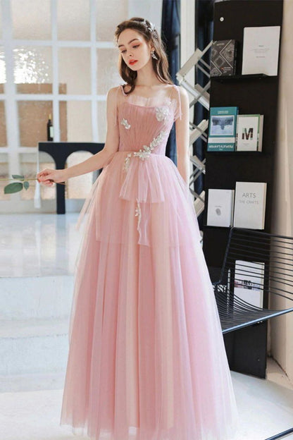 Elegant A Line Spaghetti Straps Pink Long Prom Dress with Appliques