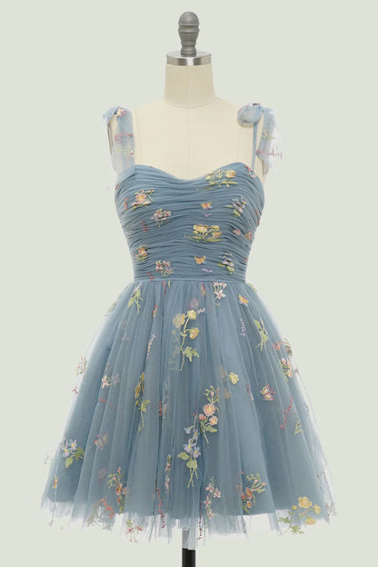 A Line Spaghetti Straps Champagne Short Homecoming Dress with Embroidery