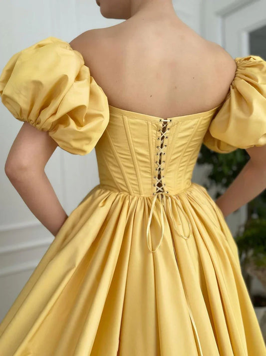 Simple yellow satin long Evening Dresses