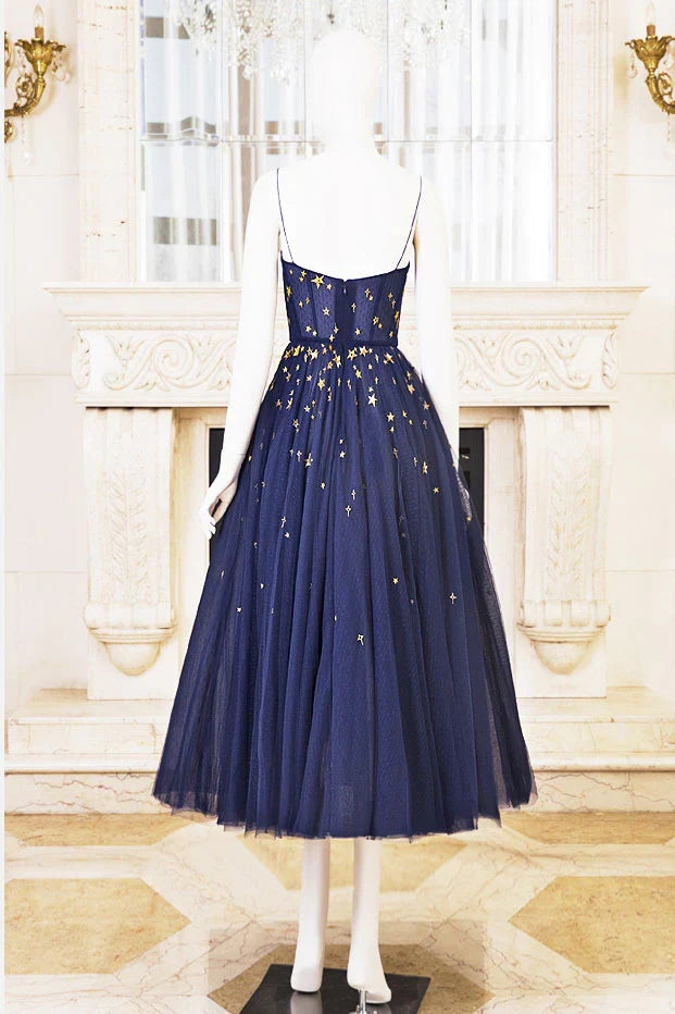Dark Blue Tulle Tea Short Party Dress Homecoming Dress