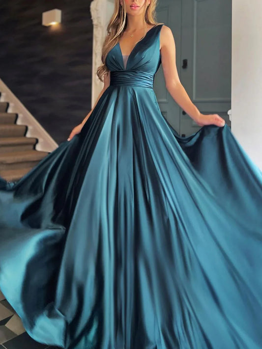 Simple v neck white Aline satin long prom dress