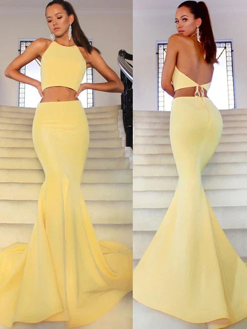 Two Piece Pink Long Prom Dress with Slit Mermaid Prom Dress