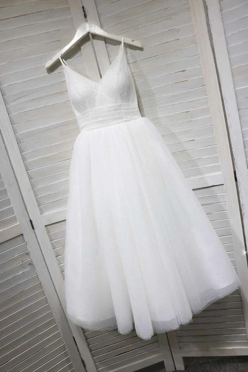White v neck tulle lace tea Length Homecoming Dresses
