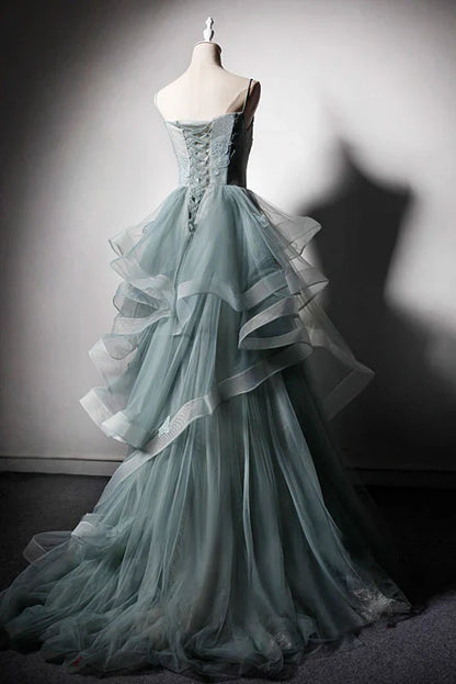 Green tulle lace long Prom Dresses