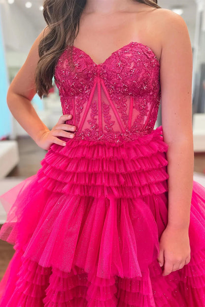 Princess A Line Sweetheart Fuchsia Corset Prom Dress with Appliques Ruffles