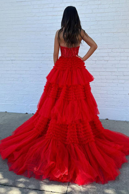 Princess A Line Sweetheart Fuchsia Corset Prom Dress with Appliques Ruffles