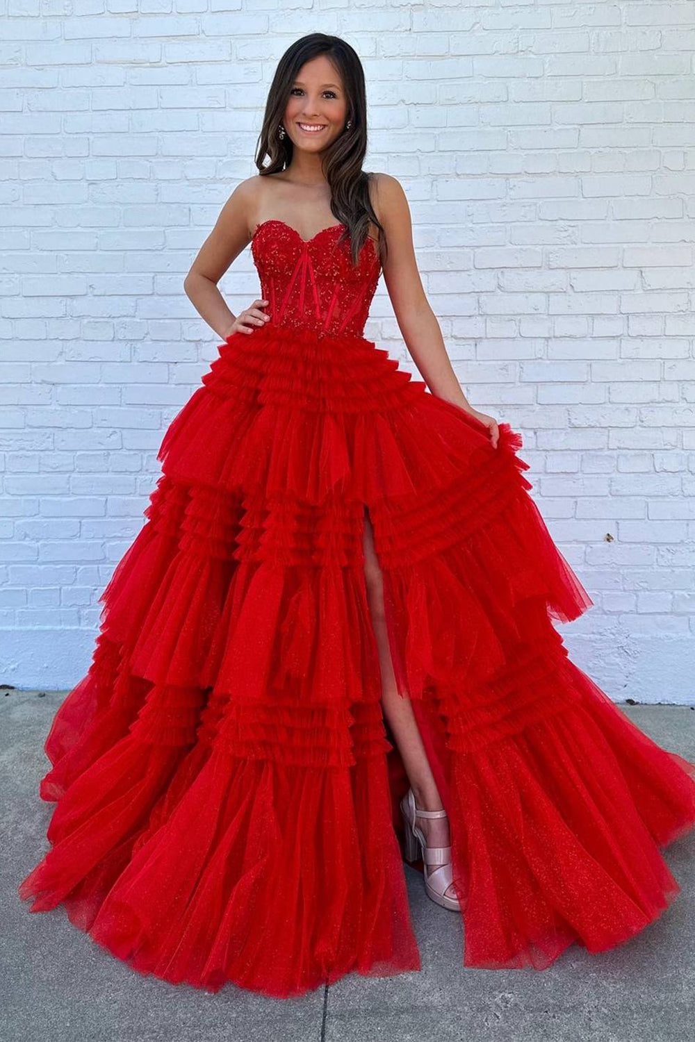 Princess A Line Sweetheart Fuchsia Corset Prom Dress with Appliques Ruffles
