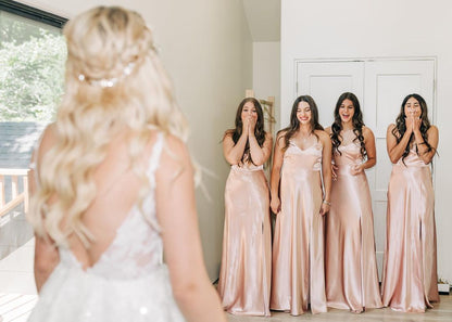 Beautiful A Line Spaghetti Straps Blush Long Bridesmaid Dress with Split Front