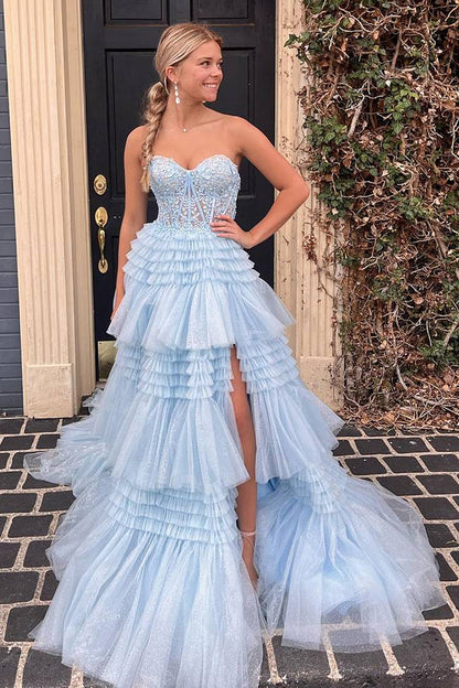 Princess A Line Sweetheart Fuchsia Corset Prom Dress with Appliques Ruffles