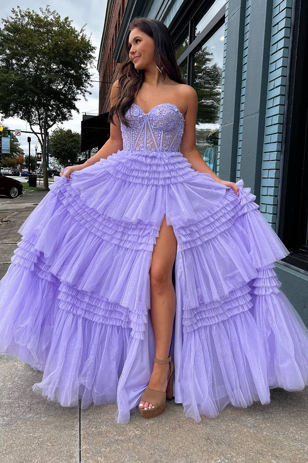 Princess A Line Sweetheart Fuchsia Corset Prom Dress with Appliques Ruffles