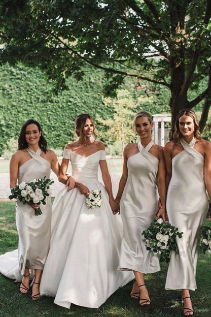 Charming Sheath Halter White Long Bridesmaid Dress