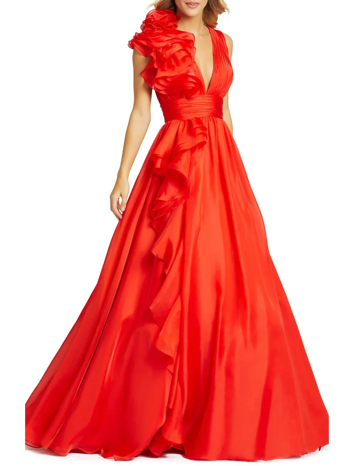Glamorous 3D‑Ruffle Satin A‑Line Deep‑V‑Neck One‑Shoulder Ruched‑Waist Cascading‑Ruffle High‑Slit Floor‑Length Evening Dresses