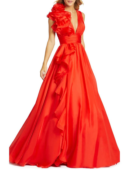 Glamorous 3D‑Ruffle Satin A‑Line Deep‑V‑Neck One‑Shoulder Ruched‑Waist Cascading‑Ruffle High‑Slit Floor‑Length Evening Dresses