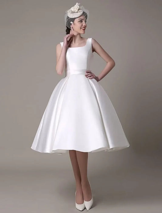 A-Line Cocktail Dresses Party Dress Wedding Guest Knee Length Sleeveless Square Neck Satin