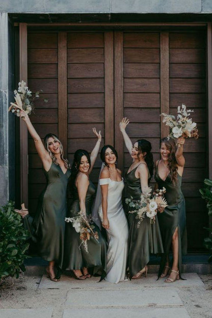 A Line V Neck Dark Green Long Bridesmaid Dress with Silt