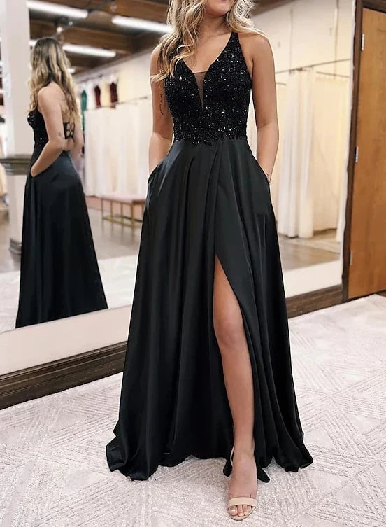 A-Line V-Neck Floor-Length Prom Dresses