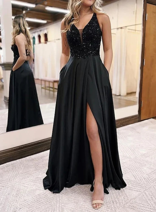 A-Line V-Neck Floor-Length Prom Dresses