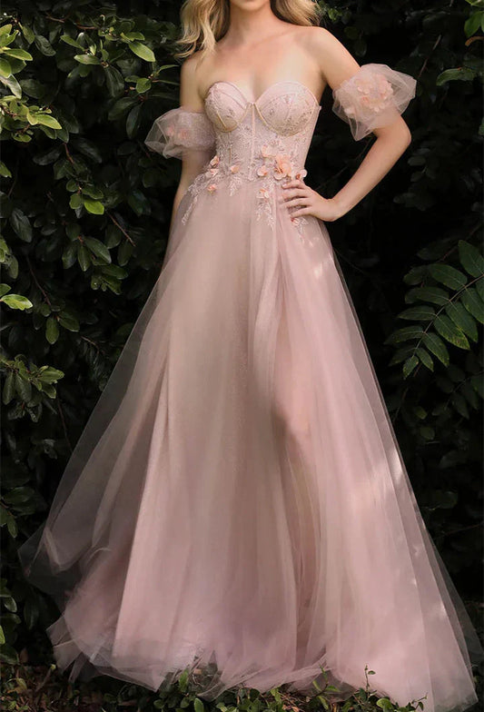 A-Line/Princess Sweetheart Short Sleeves Floor-Length Long Floral Prom Dresses