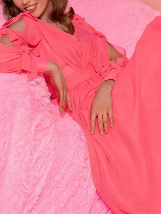 A-Line/Princess V-Neck Long Sleeves Floor-Length Evening Dress
