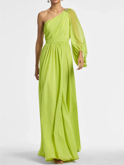 A Line One Shoulder Floor-Length Evening Dress With Ruffles