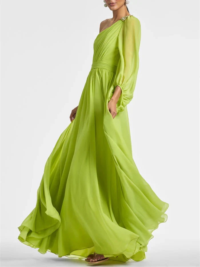 A Line One Shoulder Floor-Length Evening Dress With Ruffles