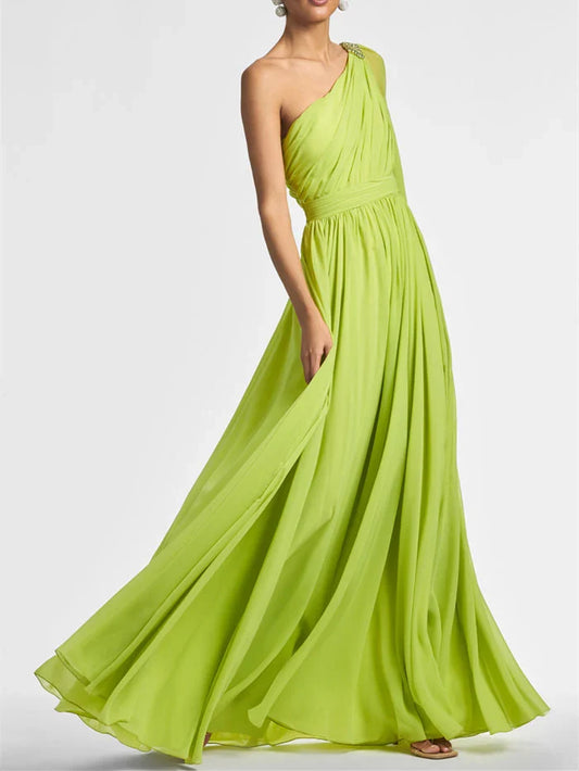 A Line One Shoulder Floor-Length Evening Dress With Ruffles