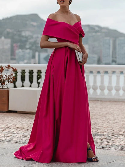 A-Line Off-The-Shoulder Short Sleeves Floor Length Evening Dress