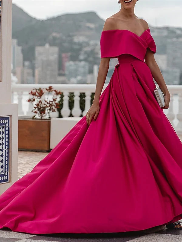 A-Line Off-The-Shoulder Short Sleeves Floor Length Evening Dress