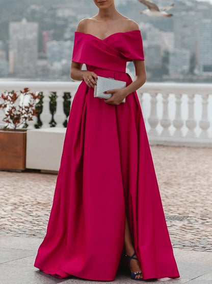 A-Line Off-The-Shoulder Short Sleeves Floor Length Evening Dress