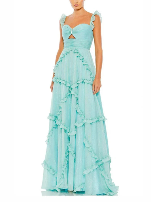 Romantic Shimmer‑Chiffon A‑Line Sweetheart Ruffle‑Strap Keyhole Cut‑Out Tiered‑Ruffle Floor‑Length Evening Dresses