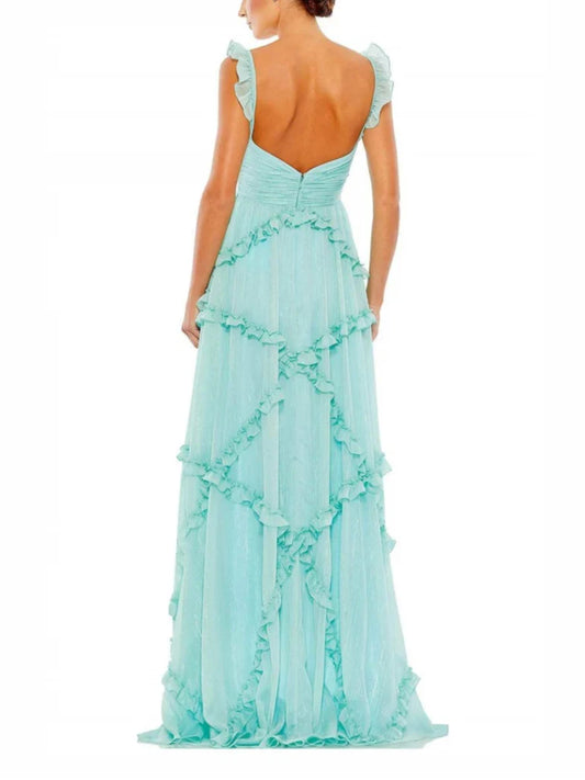 Romantic Shimmer‑Chiffon A‑Line Sweetheart Ruffle‑Strap Keyhole Cut‑Out Tiered‑Ruffle Floor‑Length Evening Dresses