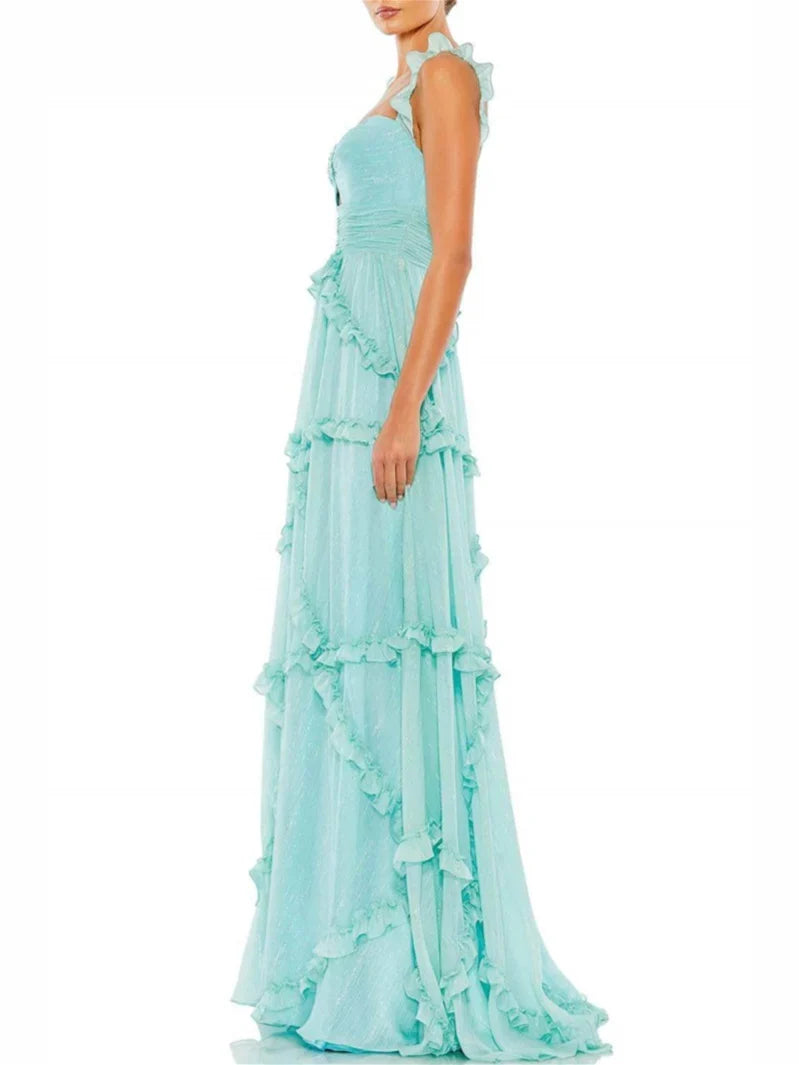 Romantic Shimmer‑Chiffon A‑Line Sweetheart Ruffle‑Strap Keyhole Cut‑Out Tiered‑Ruffle Floor‑Length Evening Dresses