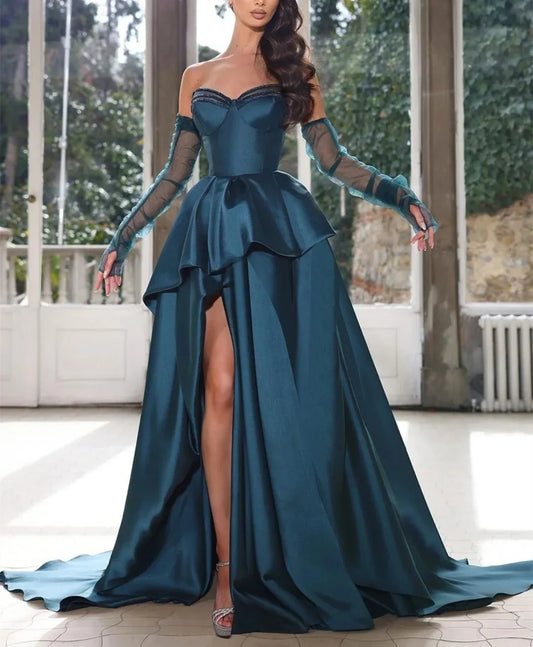 A-Line/Princess Strapless Half Sleeves Floor-Length Long Formal Evening Dresses