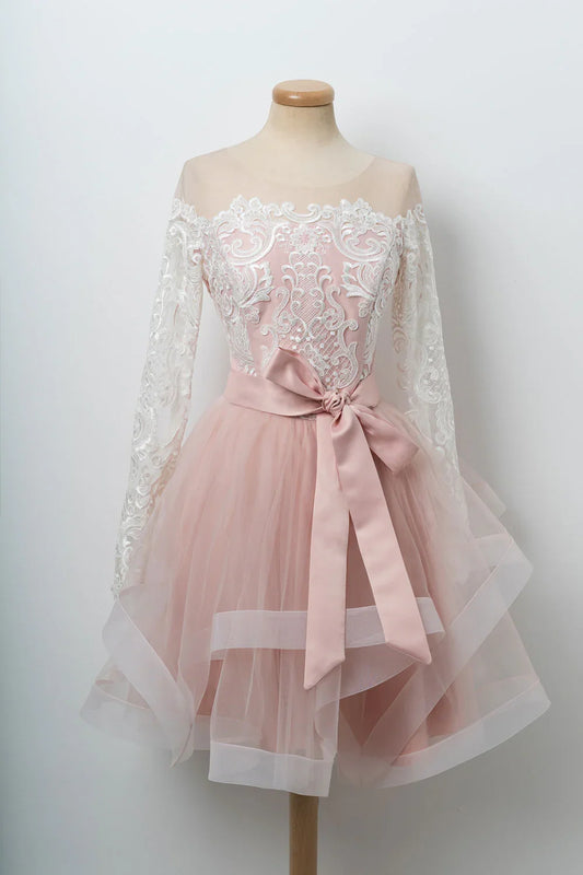 Pink round neck tulle lace short homecoming dress