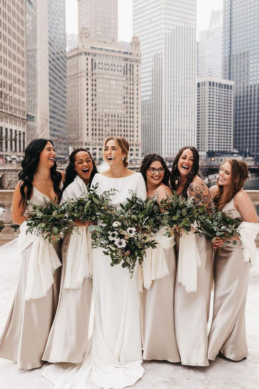 Simple A Line V Neck Light Champagne Long Bridesmaid Dress