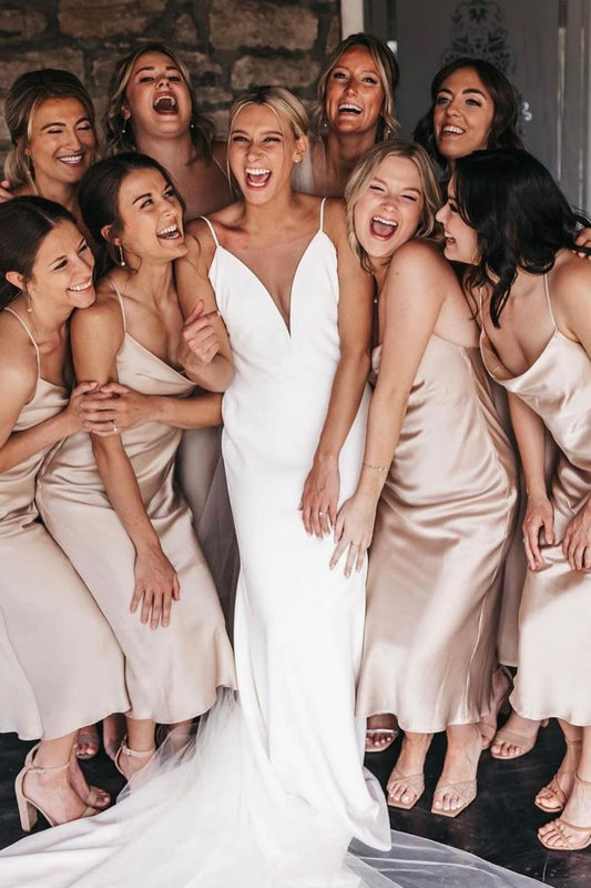 Simple Spaghetti Straps Champagne Tea Length Bridesmaid Dress