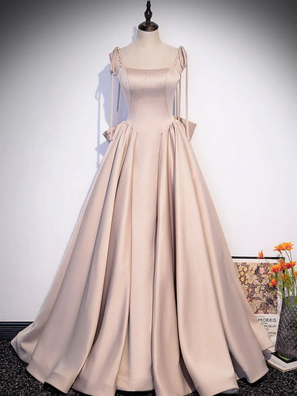 Spaghetti Straps Floor Length Champagne A-Line Satin Long Prom Dresses