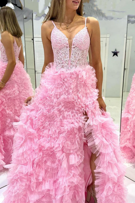 Gorgeous A Line Spaghetti Straps Pink Corset Prom Dress with 3D Flowers