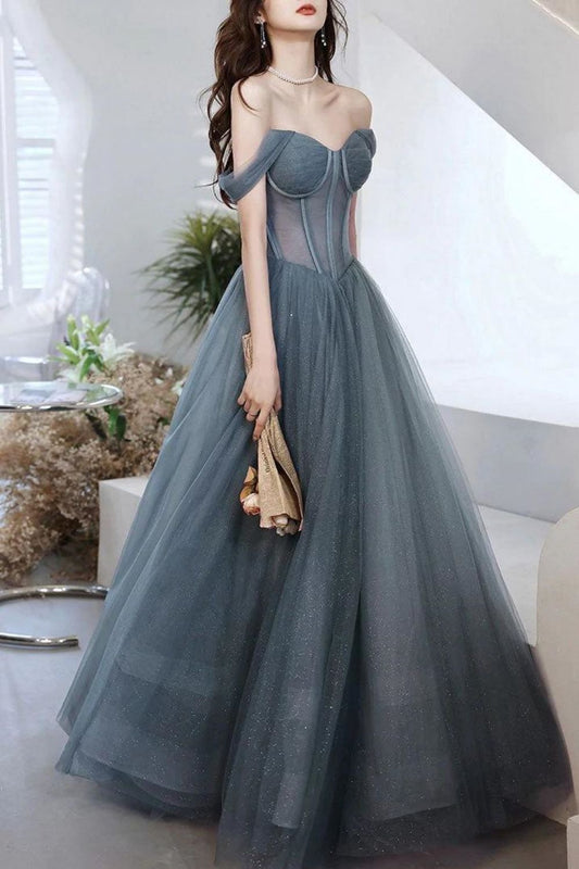 Charming A Line Off the Shoulder Grey Long Prom Dress