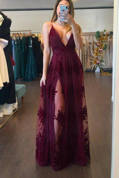 A-Line Deep V Neck Burgundy Long Prom Dress with Slit