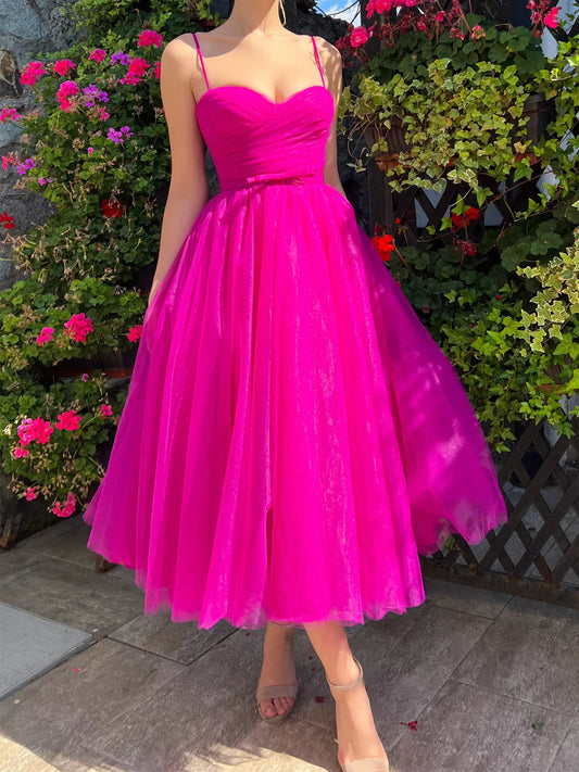 A-Line Spaghetti Straps Tea-Length Prom Dresses