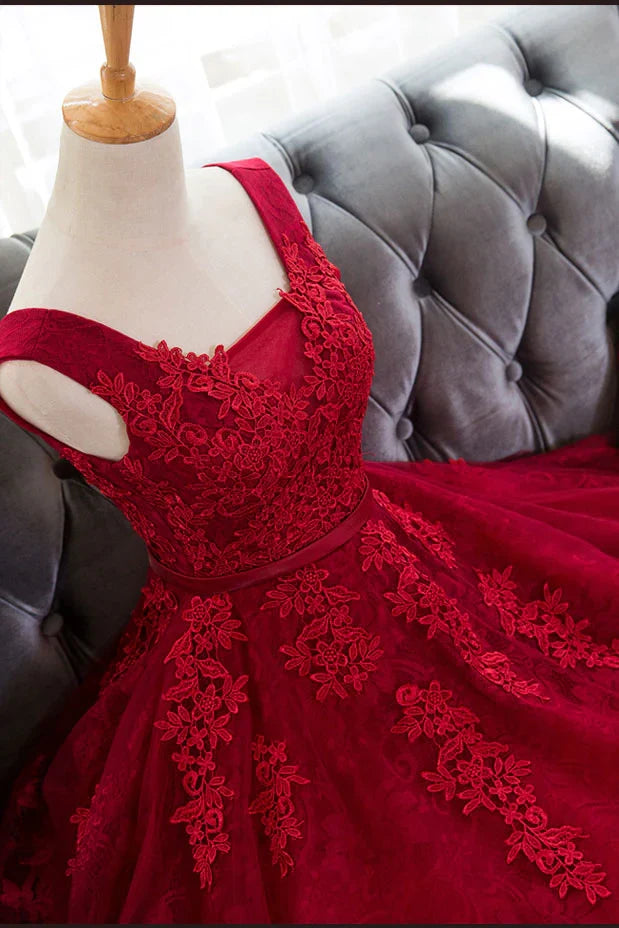 Square Neck Backless Burgundy Lace Tulle Short Homecoming Dress