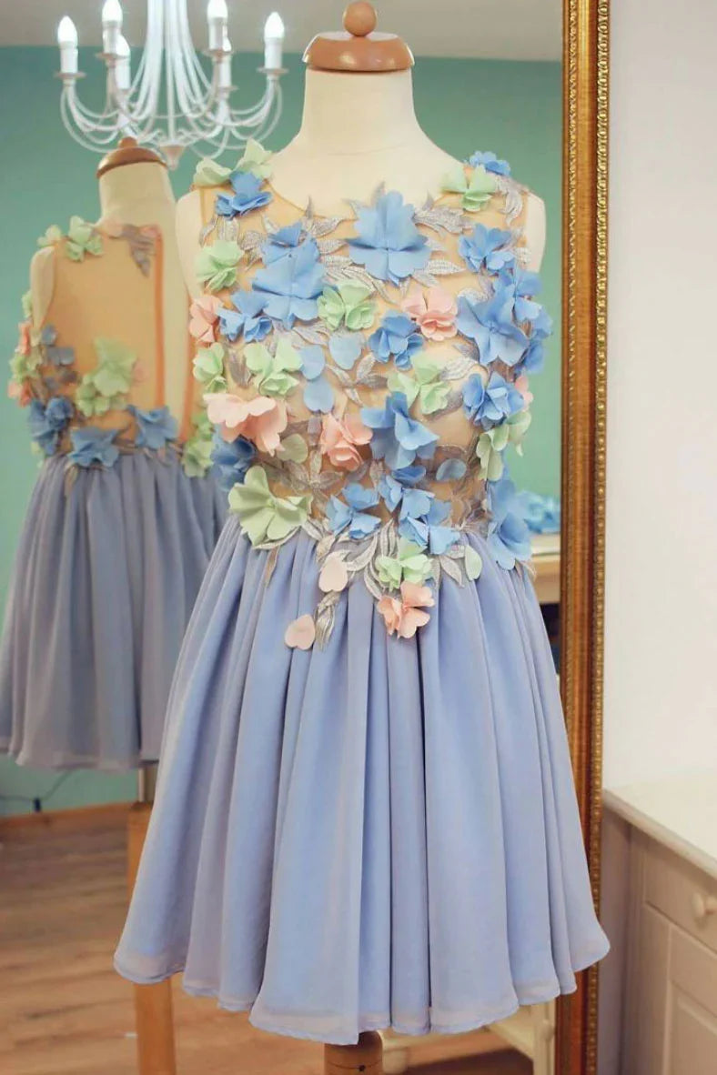 Blue round neck chiffon 3D applique short homecoming dress