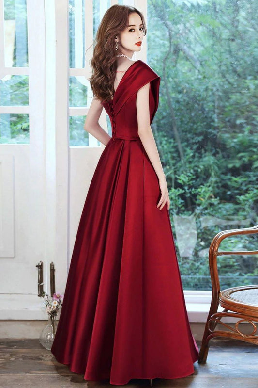 Beautiful A Line V Neck Burgundy Long Prom Dress with Ruffles
