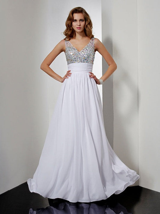 V-neck Rhinestone Sleeveless Long Chiffon Dresses