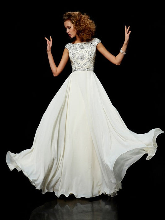 Short Sleeves Beading Long Chiffon Dresses