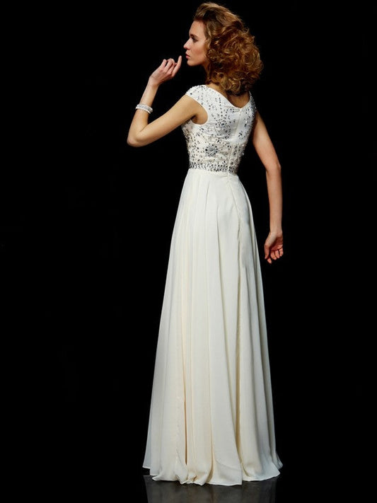 Short Sleeves Beading Long Chiffon Dresses