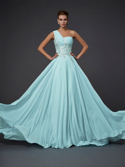One-Shoulder Sleeveless Ruffles Long Chiffon Dresses