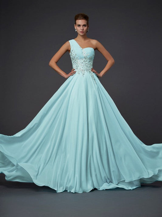One-Shoulder Sleeveless Ruffles Long Chiffon Dresses