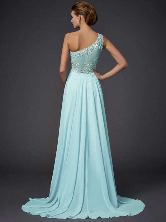 One-Shoulder Sleeveless Ruffles Long Chiffon Dresses